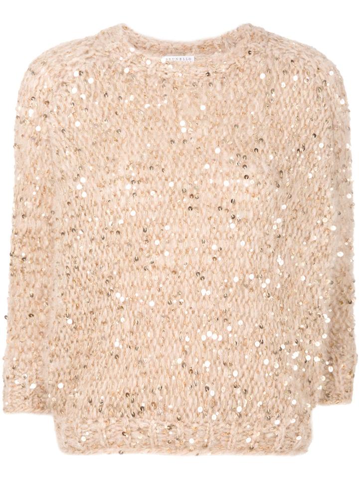 Brunello Cucinelli - Cropped Knitted Sweater - Women - Cotton/polyamide/polyester/wool - M, Nude/neutrals, Cotton/polyamide/polyester/wool