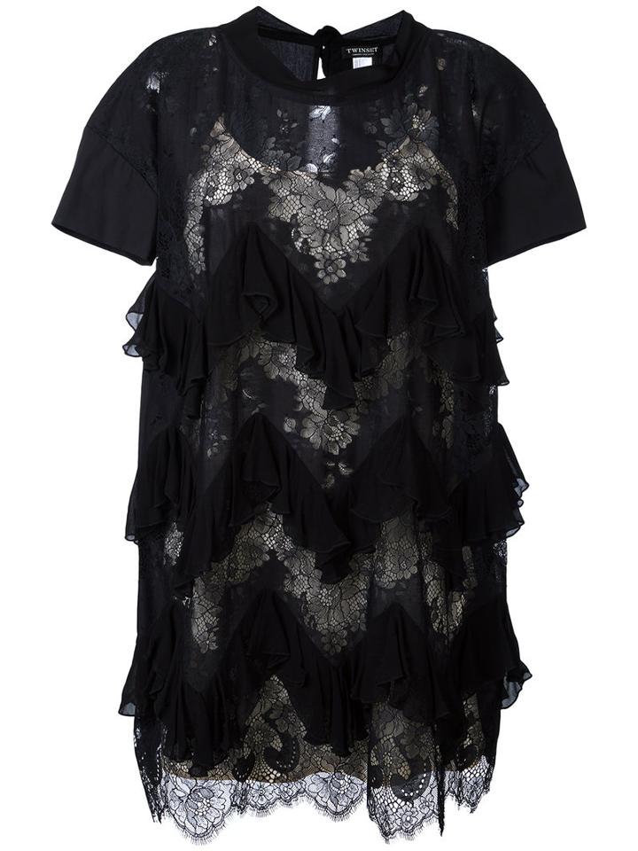 Twin-set Ruffled Trim Lace Dress, Women's, Size: 40, Black, Polyester/polyamide/cotton