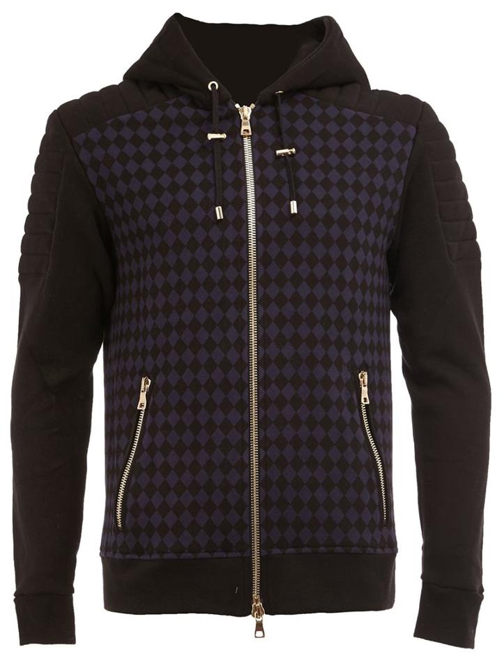 Balmain Check Hoodie, Men's, Size: Small, Blue, Cotton/spandex/elastane