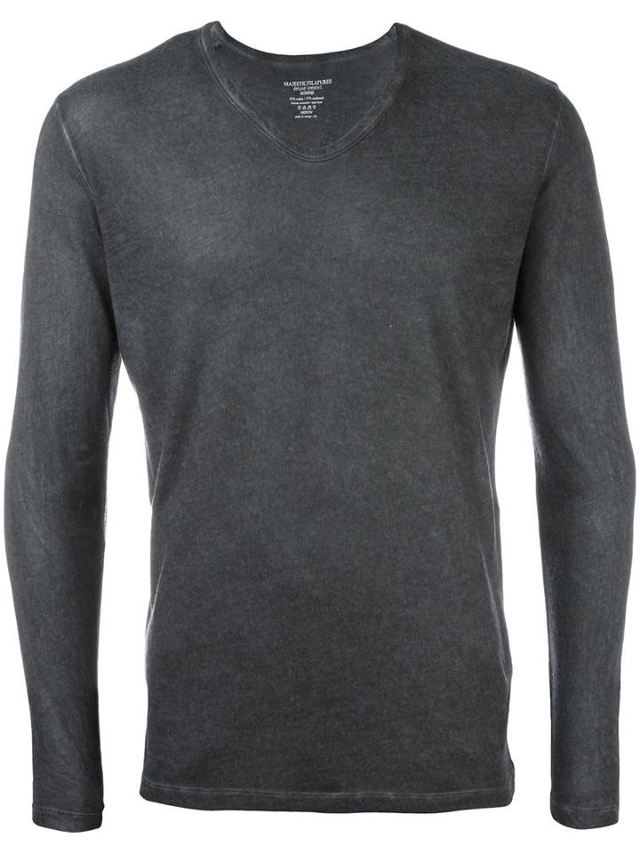 Majestic Filatures V-neck Longsleeved T-shirt, Men's, Size: Large, Grey, Cotton/cashmere