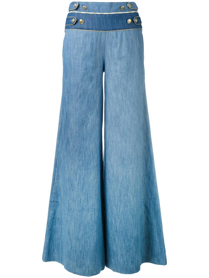 Pierre Balmain - Buttoned Waist Palazzo Pants - Women - Cotton/spandex/elastane - 28, Blue, Cotton/spandex/elastane