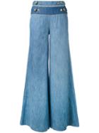 Pierre Balmain - Buttoned Waist Palazzo Pants - Women - Cotton/spandex/elastane - 28, Blue, Cotton/spandex/elastane