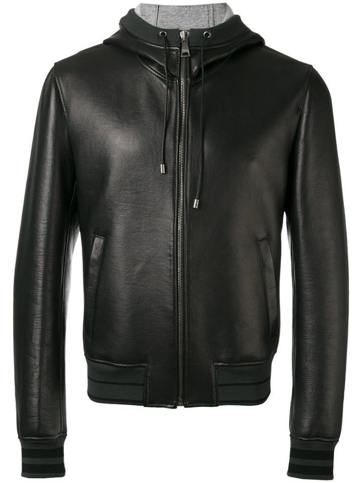 Dolce & Gabbana Hooded Zip Jacket, Men's, Size: 48, Black, Lamb Skin/polyester/cotton/spandex/elastane