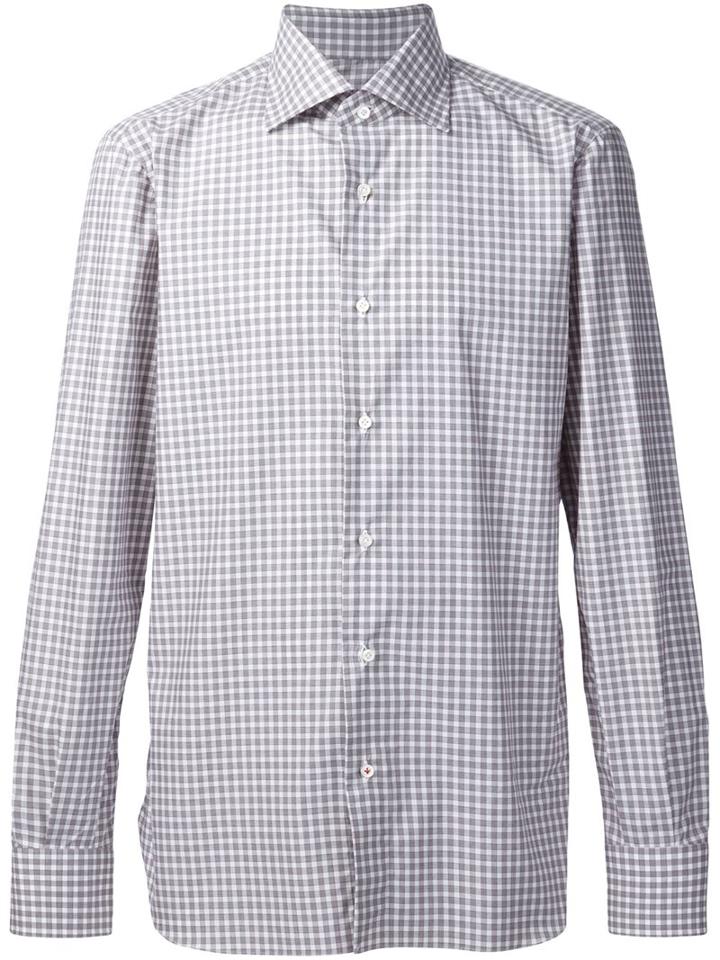 Isaia Casual Checked Shirt, Men's, Size: 16, Grey, Cotton