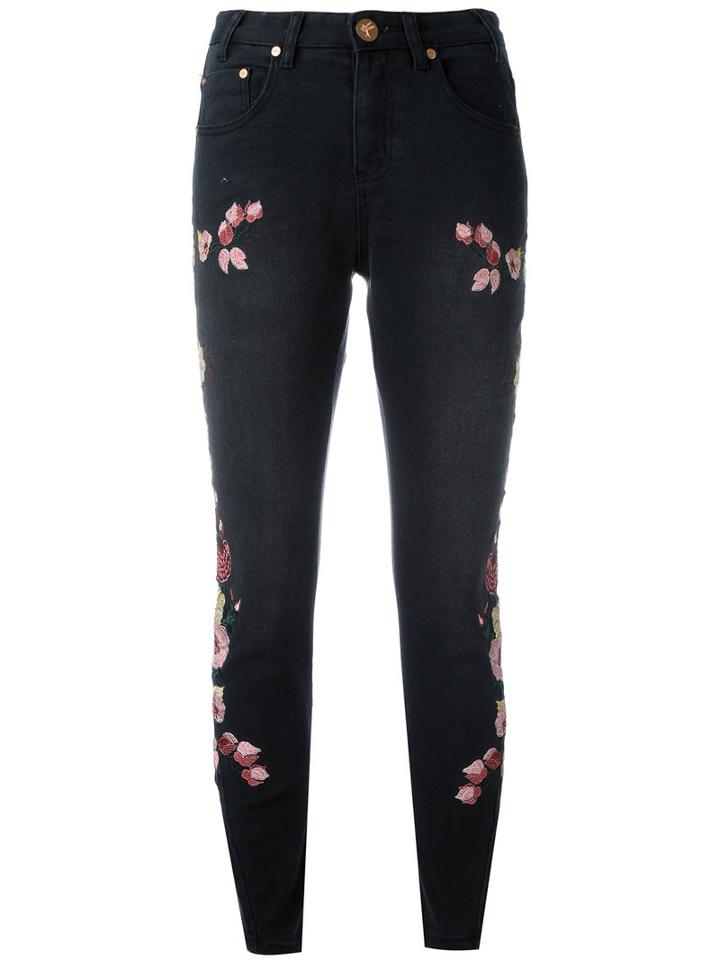 One Teaspoon Birds Of Paradise Embroidered Cropped Jeans, Women's, Size: 29, Black, Cotton/spandex/elastane
