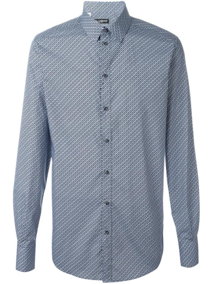 Dolce & Gabbana Diamond Print Shirt, Men's, Size: 40, Blue, Cotton