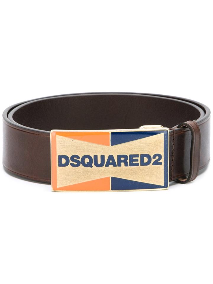Dsquared2 Enameled Logo Plaque Belt, Men's, Size: 90, Brown, Calf Leather