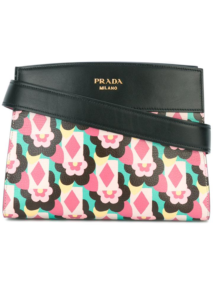 Prada Floral Print Shoulder Bag, Women's, Black, Calf Leather