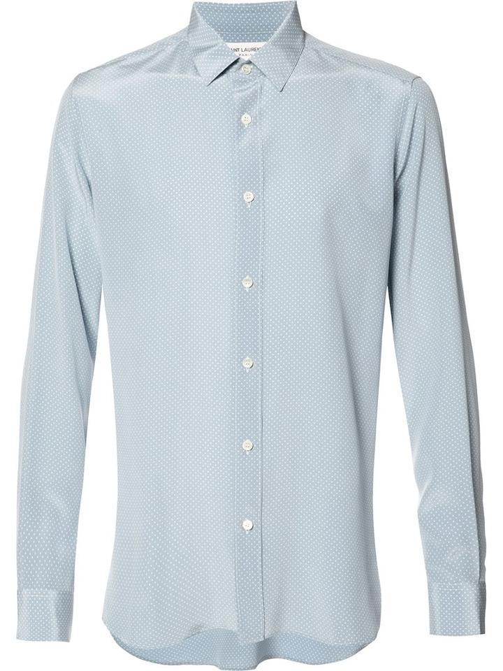 Saint Laurent Micro Dot Shirt, Men's, Size: 40, Blue, Silk