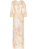 One Vintage Floral-embroidered Lace-trim Gown - Multicoloured