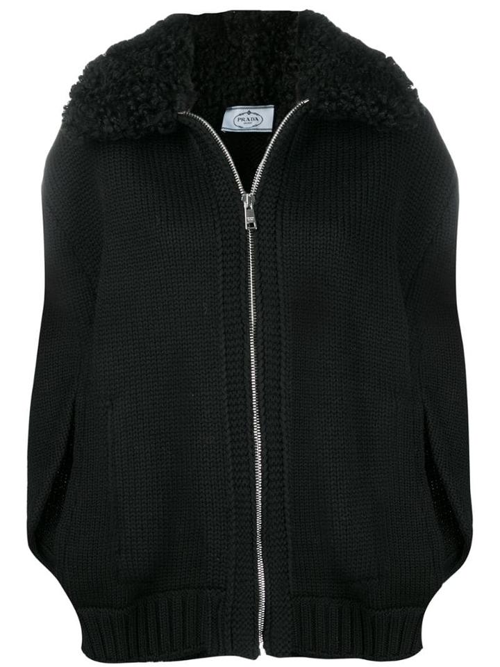 Prada Shearling Collar Zipped Cardigan - Black
