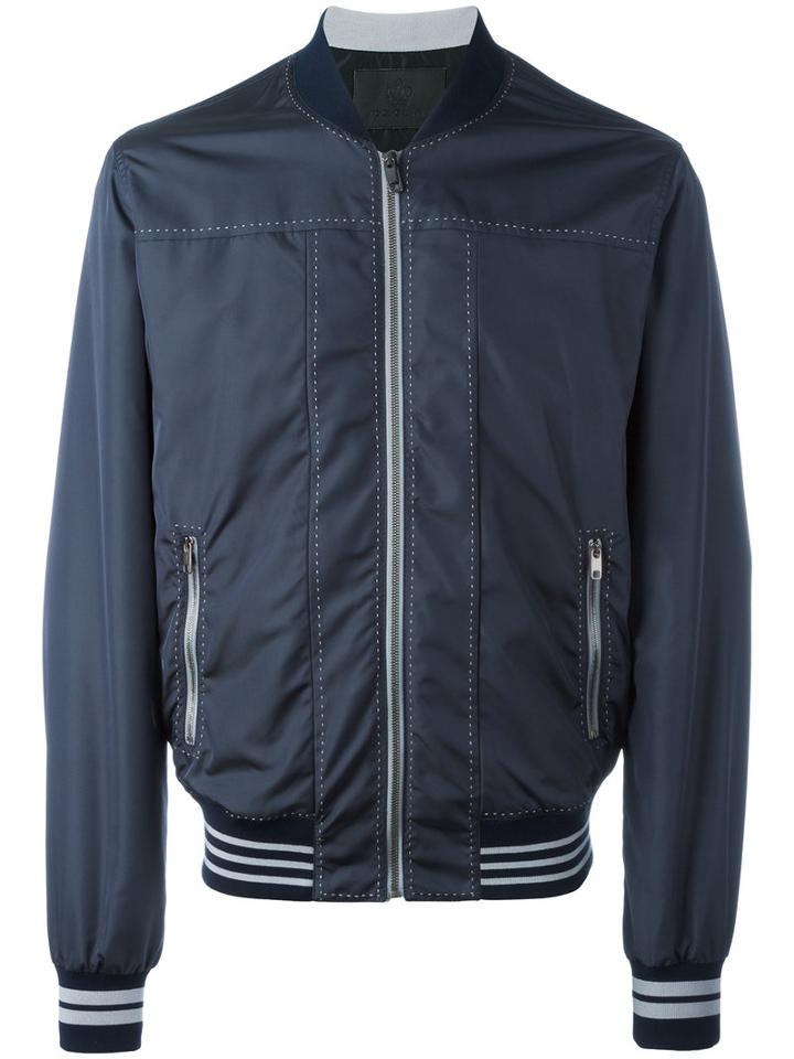 Dolce & Gabbana Stitch Trim Bomber Jacket, Men's, Size: 52, Blue, Polyamide/polyester/calf Leather