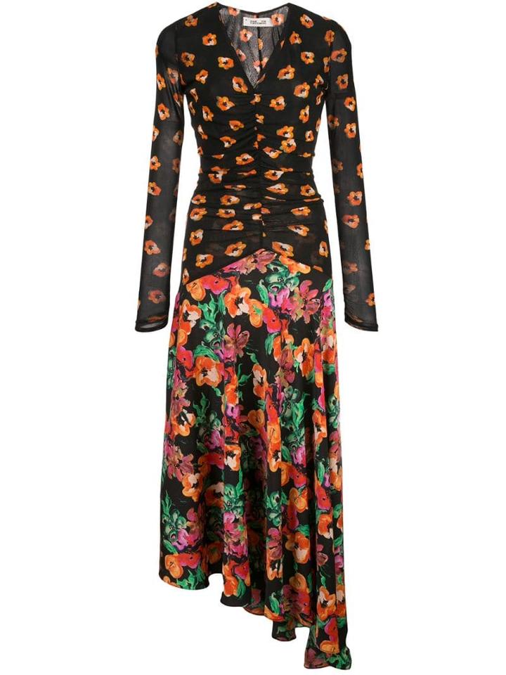 Diane Von Furstenberg Floral Print Asymmetric Dress - Black
