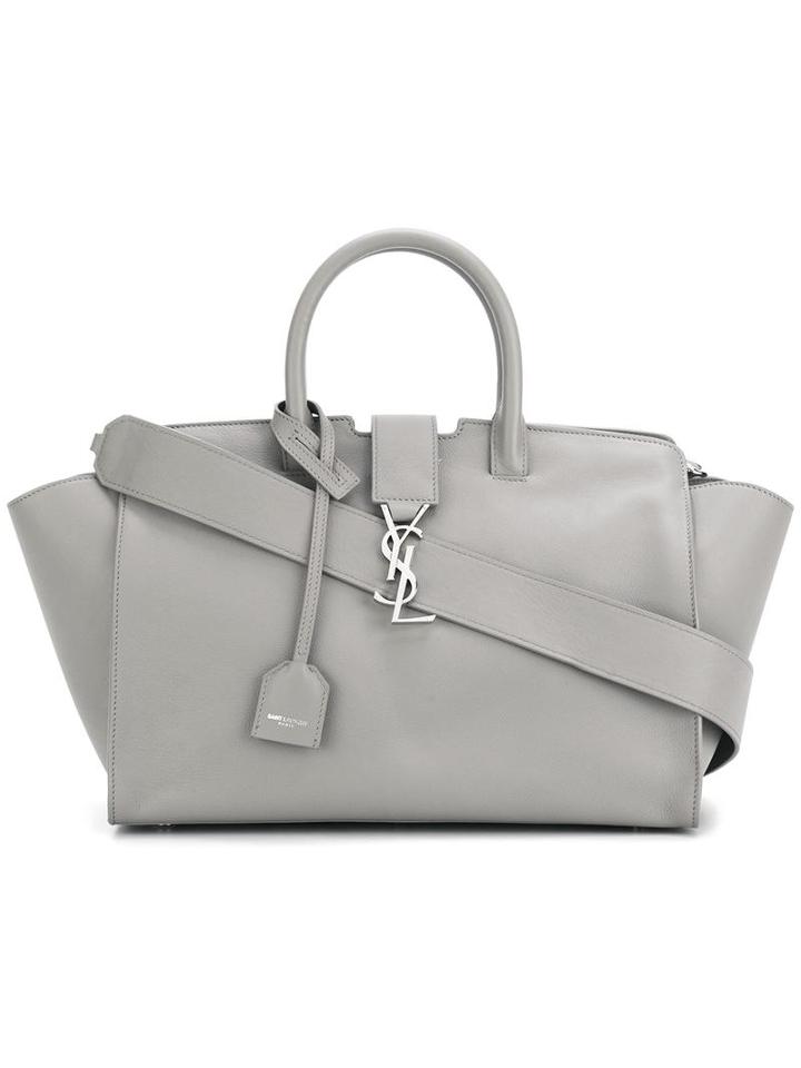 Saint Laurent Logo Plaque Tote, Women's, Grey, Leather