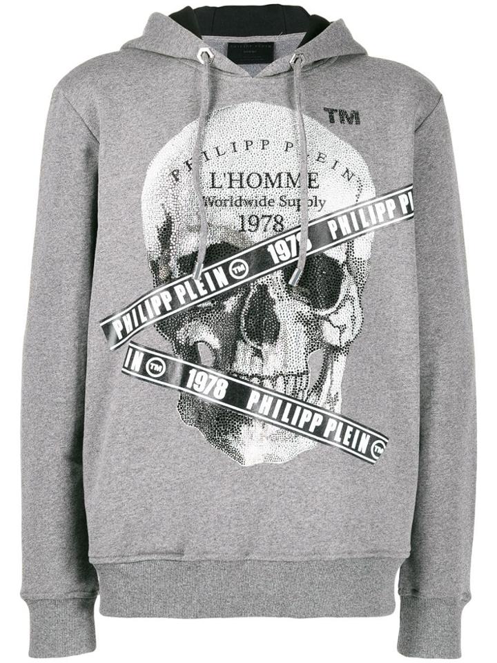 Philipp Plein Rhinestone Skull Print Hoodie - Grey