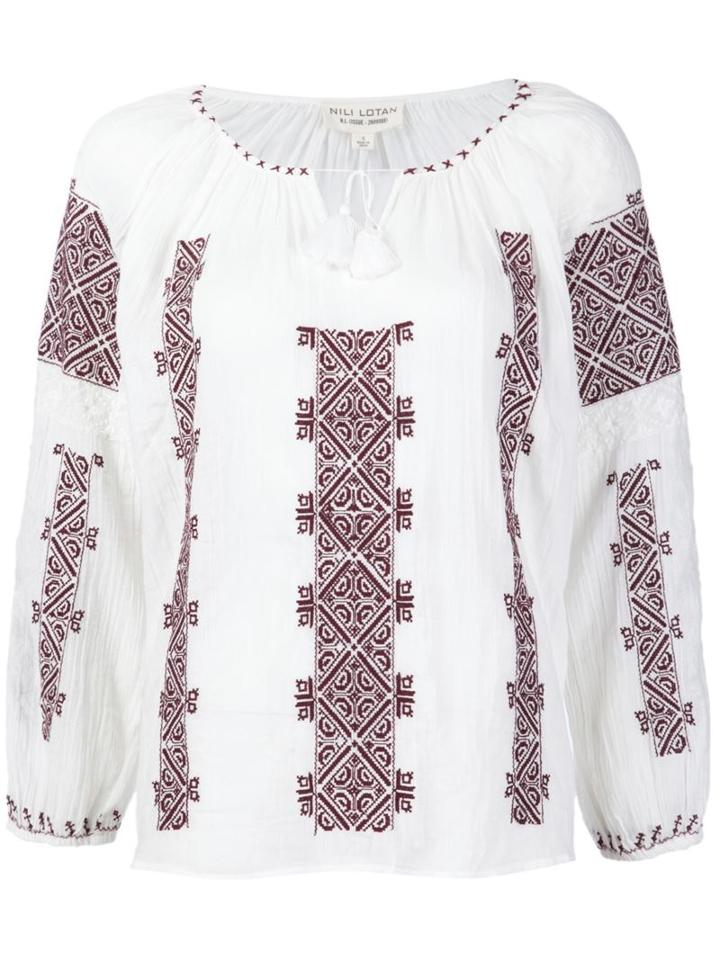 Nili Lotan Aztec Embroidery Blouse, Women's, Size: Medium, White, Cotton