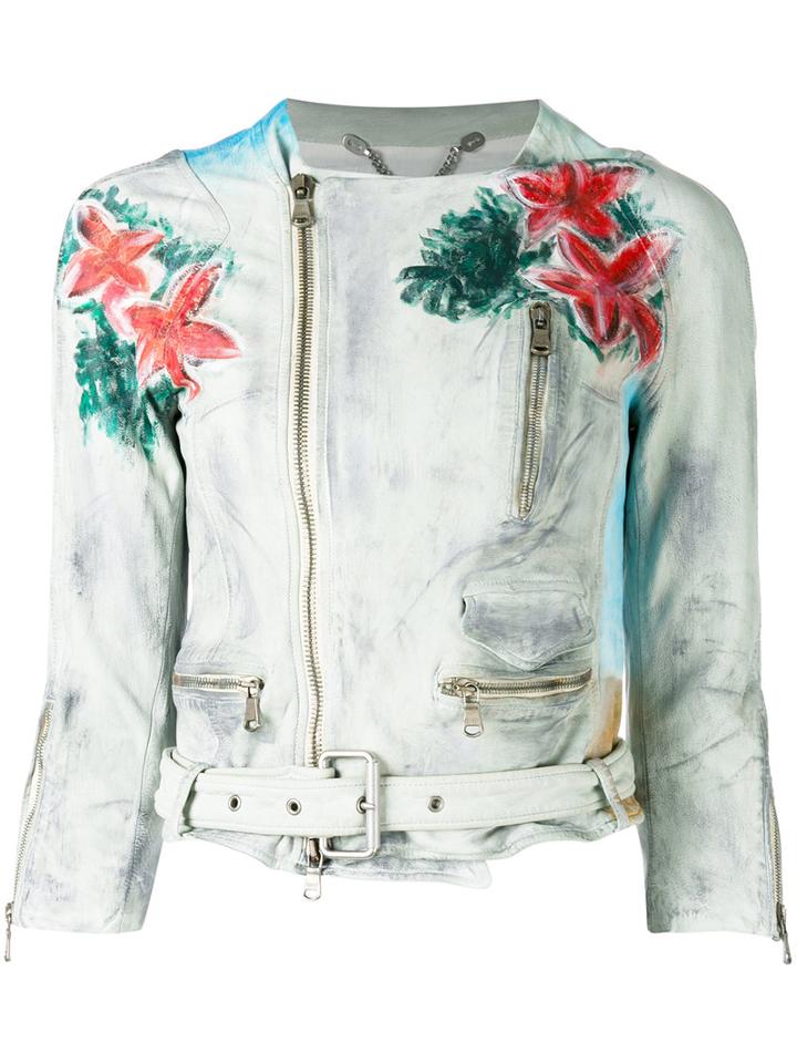 Pihakapi - Floral Print Biker Jacket - Women - Calf Leather - M, Women's, Grey, Calf Leather