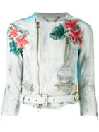 Pihakapi - Floral Print Biker Jacket - Women - Calf Leather - M, Women's, Grey, Calf Leather