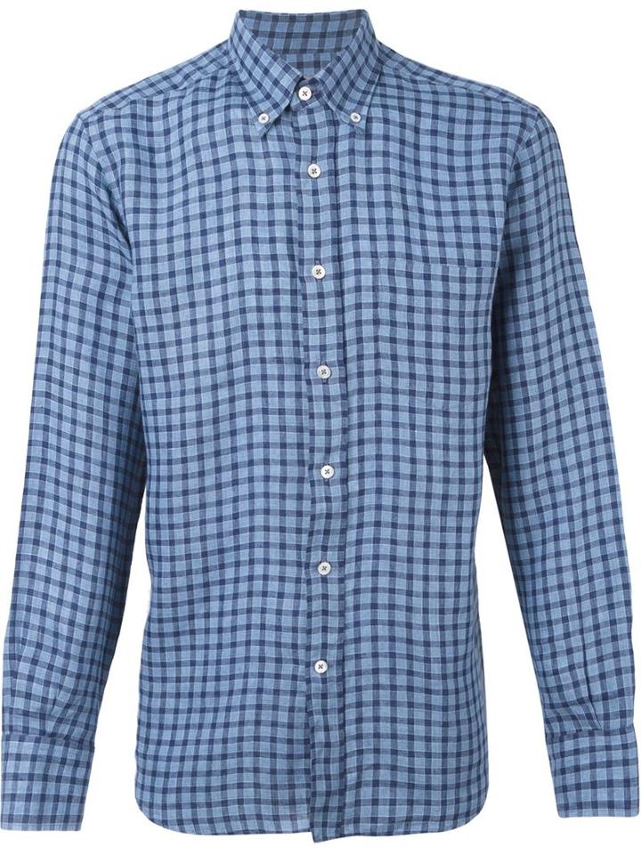 Canali Checked Pattern Classic Button Down Shirt, Men's, Size: Medium, Blue, Linen/flax