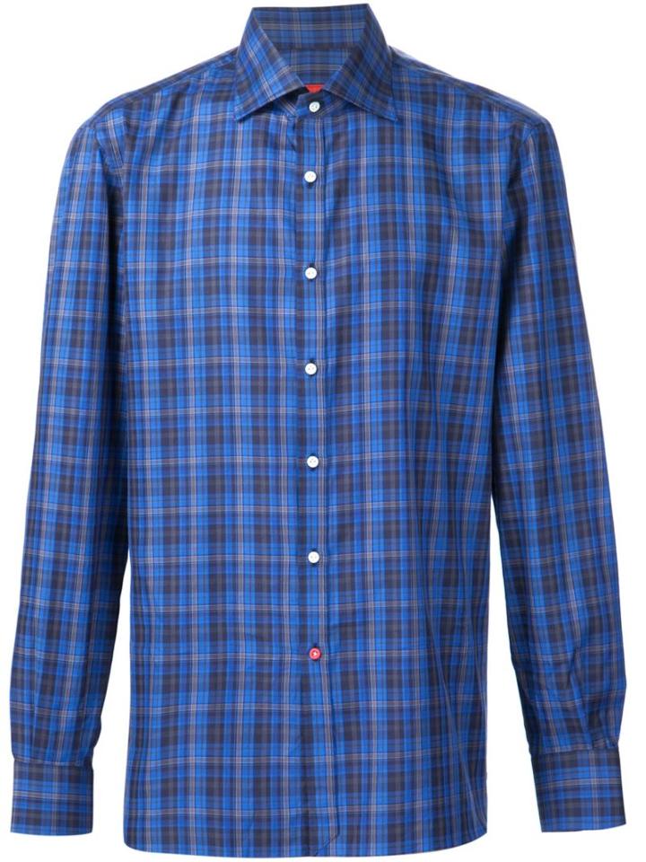 Isaia Checked Shirt, Men's, Size: 18 1/2, Blue, Cotton