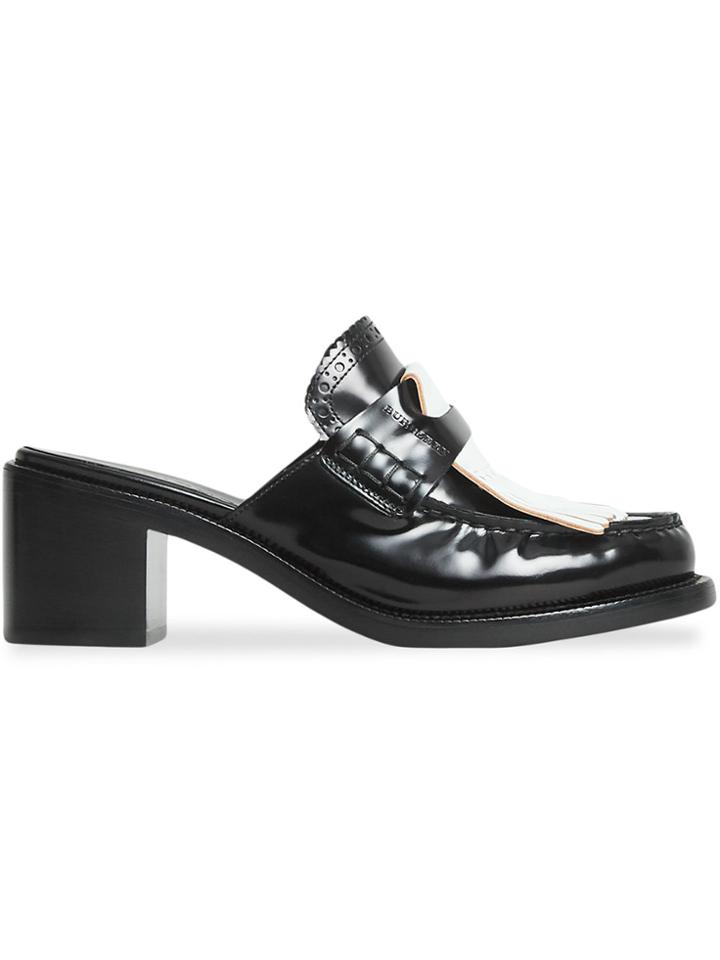 Burberry Contrast Kiltie Fringe Leather Block-heel Mules - Black