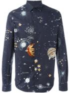 Valentino Space Print Shirt, Men's, Size: 42, Blue, Cotton