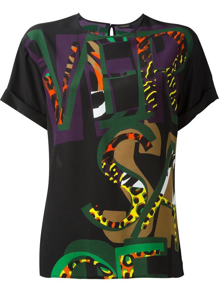 Versace Printed Logo Blouse, Women's, Size: 42, Black, Silk