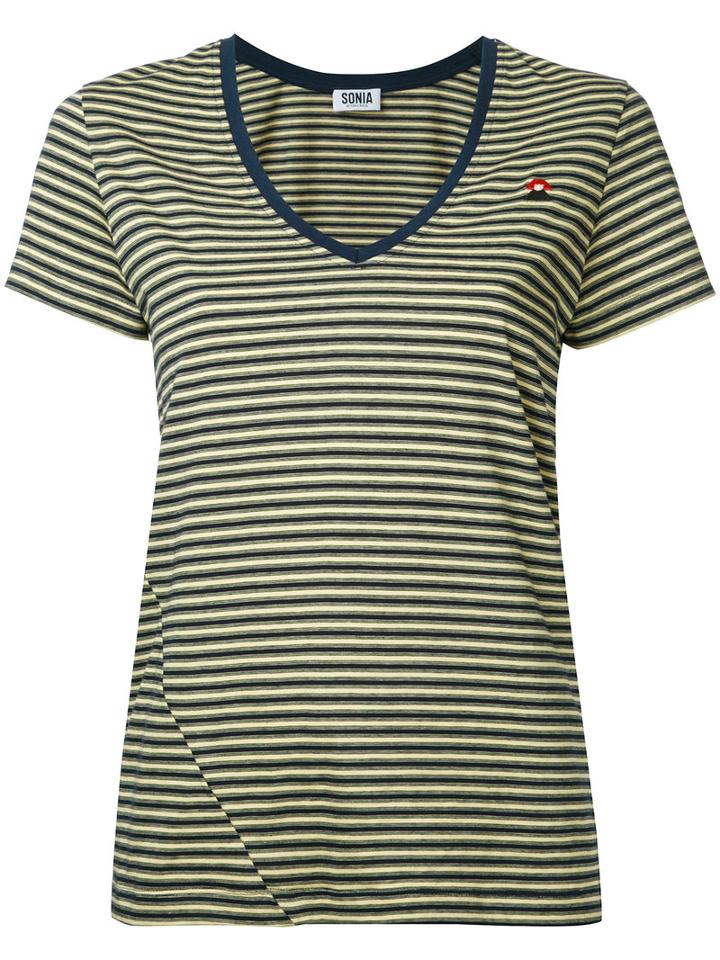 Sonia By Sonia Rykiel - V-neck Striped T-shirt - Women - Cotton - Xs, Yellow/orange, Cotton