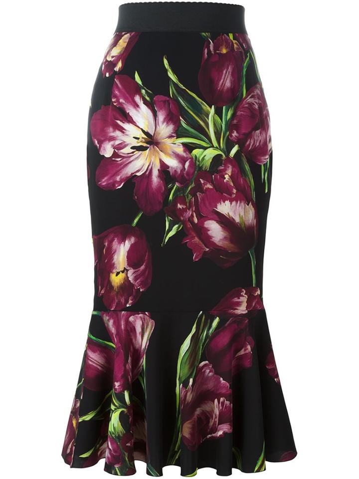 Dolce & Gabbana Tulip Print Fluted Skirt, Women's, Size: 44, Black, Silk/spandex/elastane