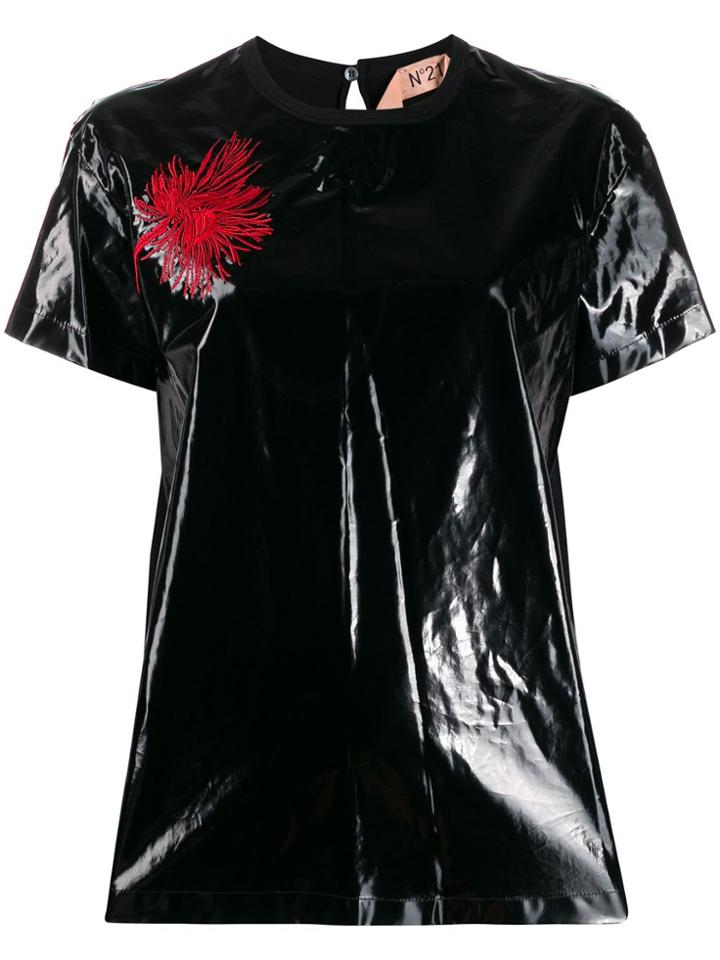 Nº21 Coated Embroidered Flower T-shirt - Black