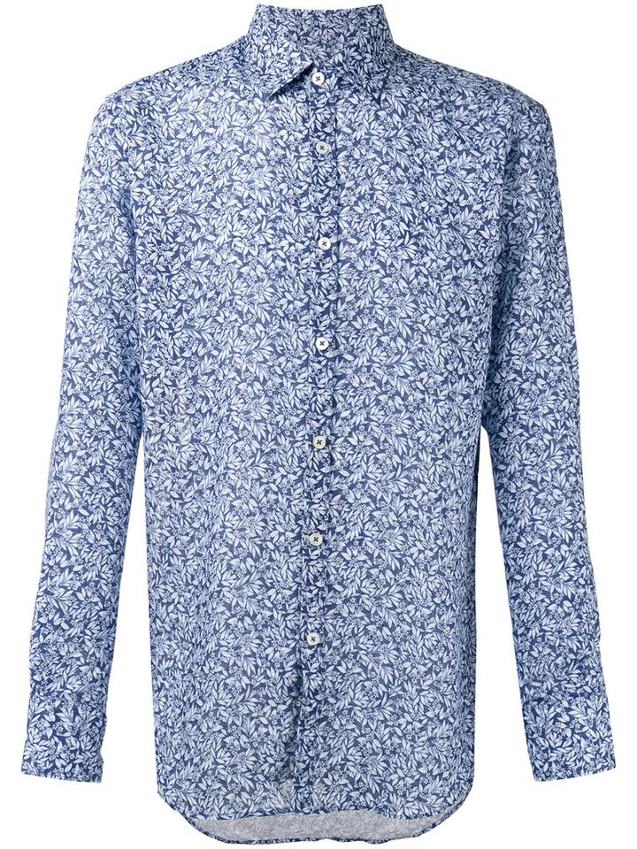 Canali Floral Print Slim-fit Shirt, Men's, Size: Xxl, Blue, Linen/flax