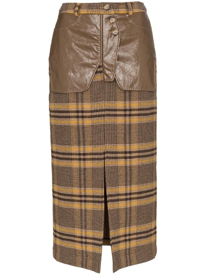 Rejina Pyo Check Print Contrast Front Knit Midi Skirt - Brown