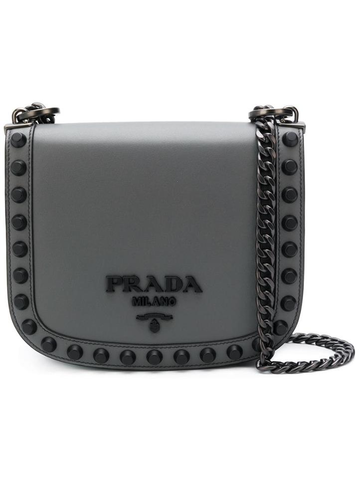 Prada Logo Plaque Stud Crossbody - Grey