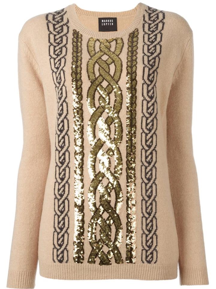 Markus Lupfer Sequined Cable Jumper, Women's, Size: Medium, Nude/neutrals, Polyamide/wool