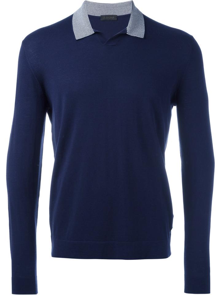 Z Zegna Collar Sweatshirt, Men's, Size: Xl, Blue, Silk/cotton