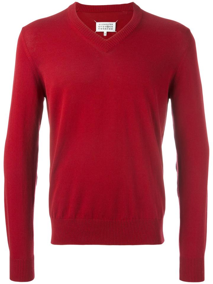 Maison Margiela V-neck Elbow Patch Jumper, Men's, Size: Small, Red, Cotton