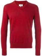 Maison Margiela V-neck Elbow Patch Jumper, Men's, Size: Small, Red, Cotton
