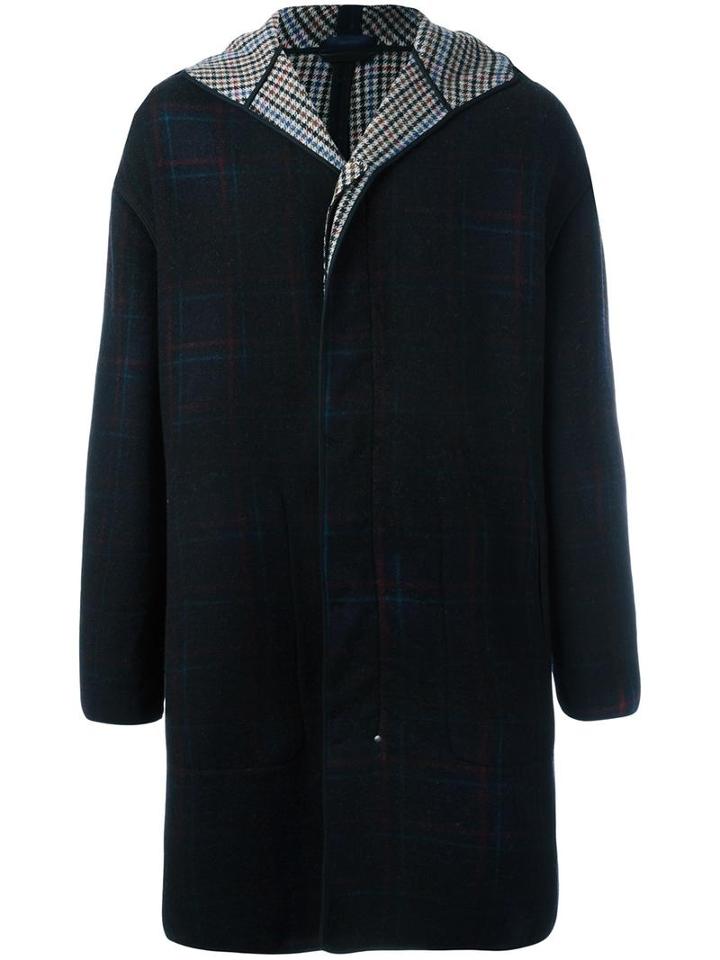 Lanvin Lightly Checked Coat, Men's, Size: 46, Blue, Leather/polyamide/virgin Wool