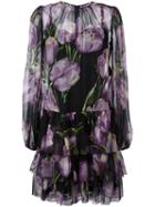 Dolce & Gabbana Tulip Print Sheer Dress, Women's, Size: 38, Pink/purple, Silk/cotton/spandex/elastane