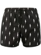 Neil Barrett Lightning Bolt Print Swim Shorts, Men's, Size: Medium, Black, Polyester