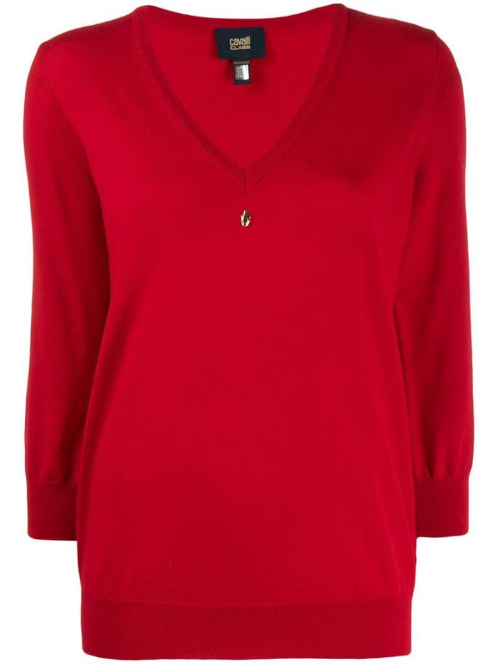 Cavalli Class Embellished V-neck Pullover - Red