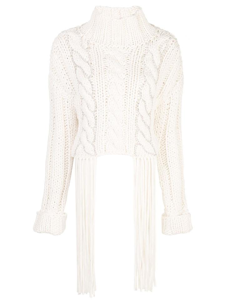 Area Fringed Cable-knit Crop Sweater - White