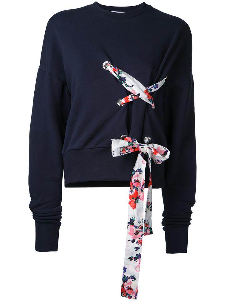 Msgm Floral Ribbon-tie Sweatshirt, Women's, Size: Small, Blue, Cotton