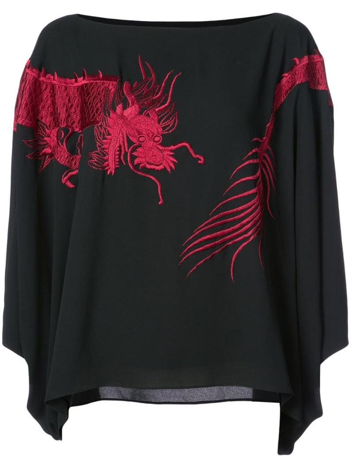 Josie Natori Dragon Embroidered Poet Top - Black