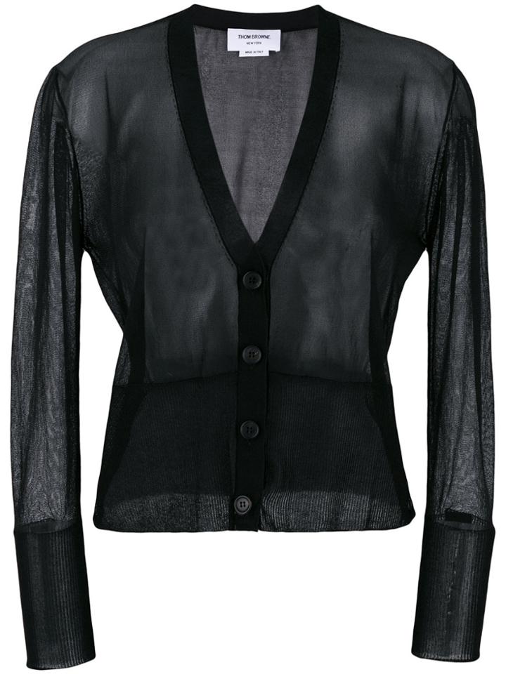 Thom Browne Sheer Classic V-neck Cardigan In Silk Tulle Knit - Black