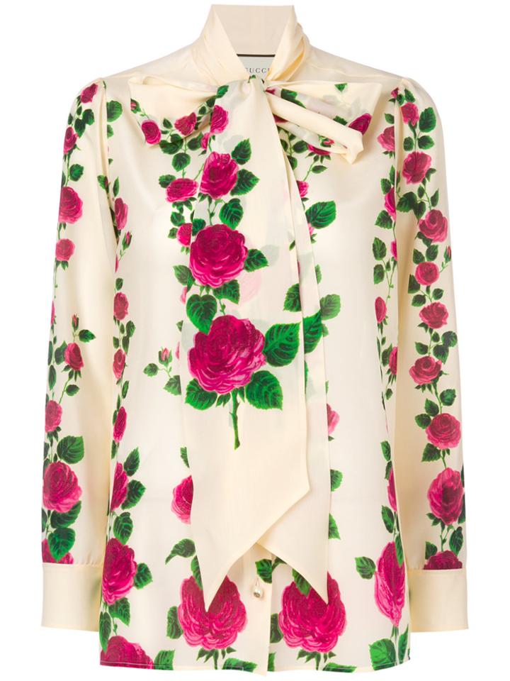 Gucci Rose Print Pussybow Blouse - Nude & Neutrals