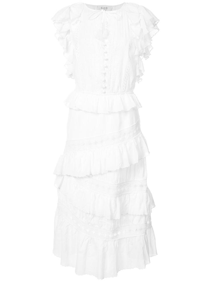 Sea Asymmetric Crochet Ruffle Sleeve Dress - White
