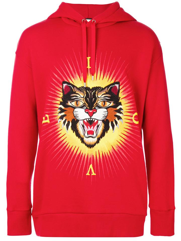 Gucci - Angry Cat Applique Hoodie - Men - Cotton - Xs, Red, Cotton