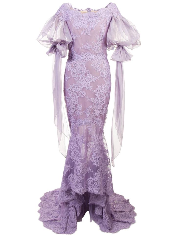 Marchesa Corded Lace Fit And Flare Gown - Pink & Purple
