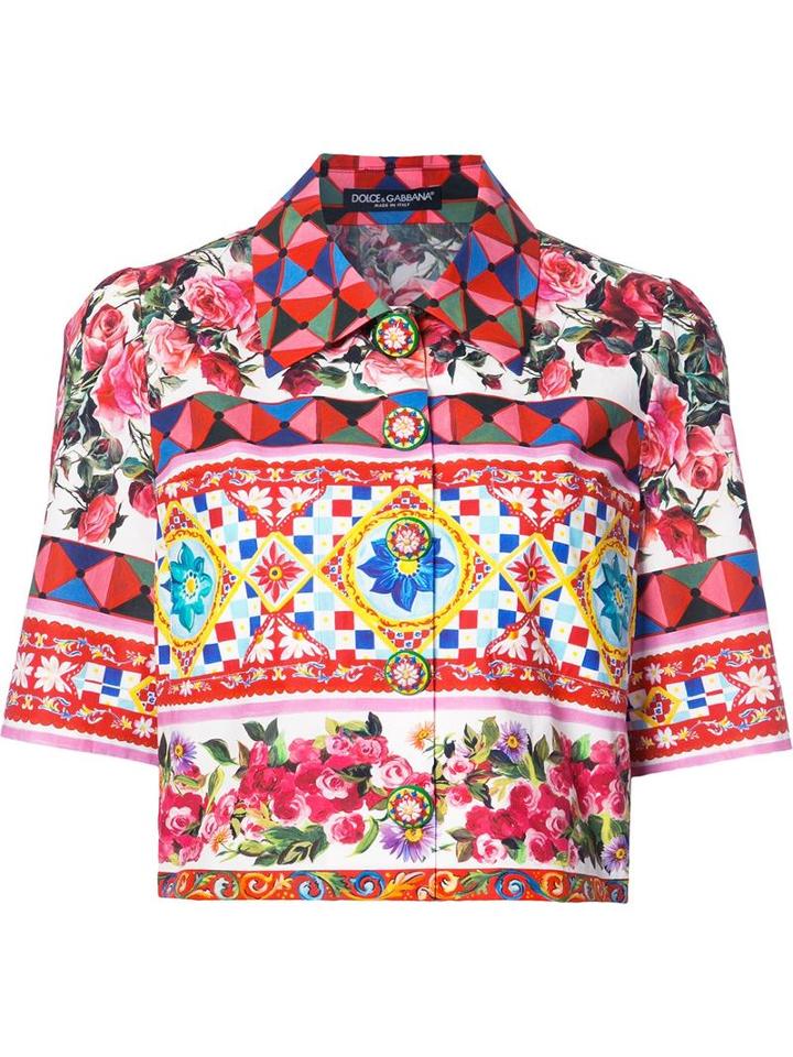 Dolce & Gabbana Mambo Print Cropped Shirt, Women's, Size: 40, Red, Cotton